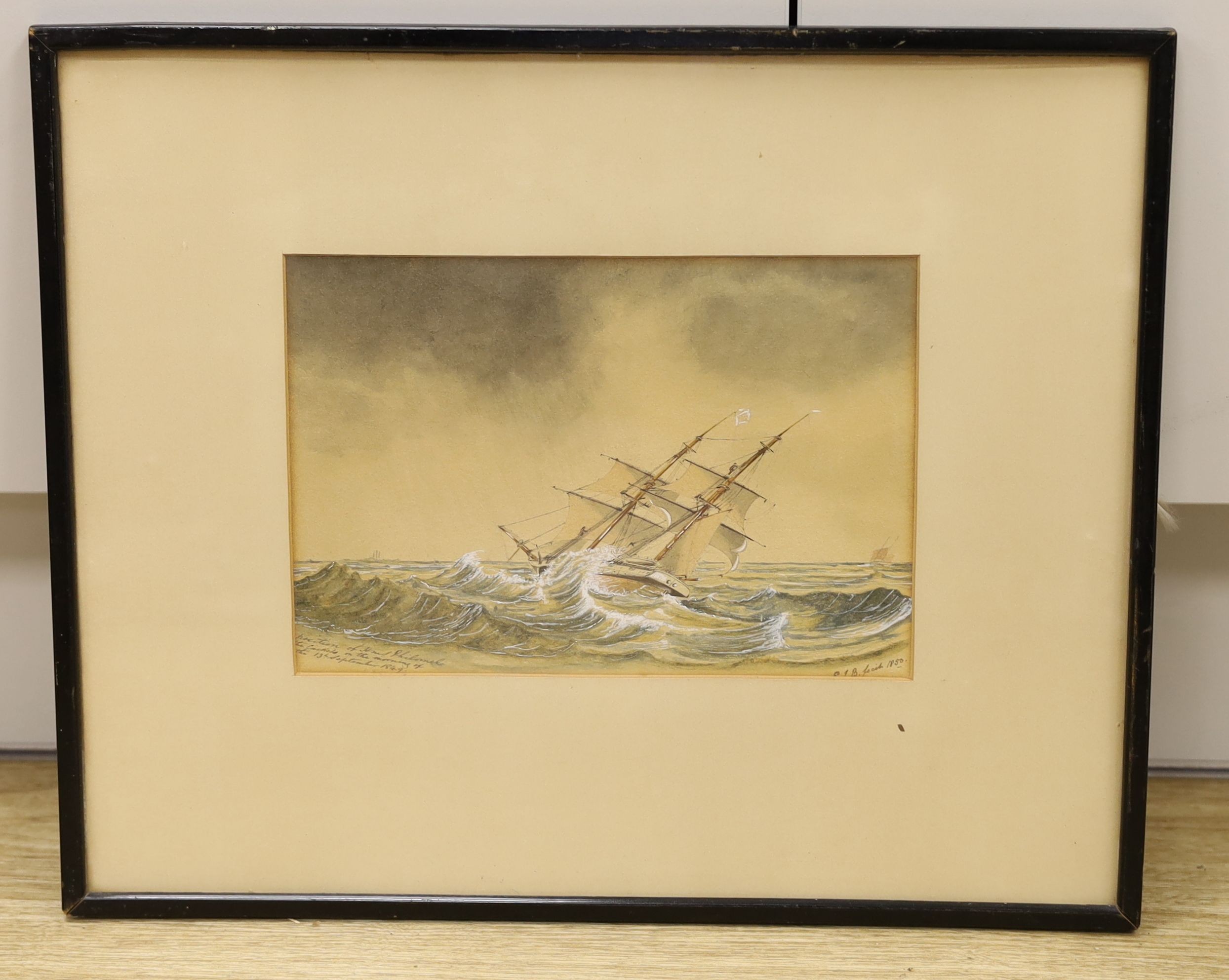 SJB 1850, watercolour, Position of HMS Philomel on the morning of the 13th September 1849, initialled and dated, 16 x 24cm